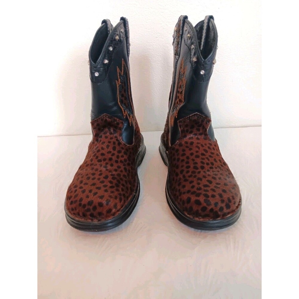 Double H DH1034 Leopard Hair-on-Hide Black Leather Studded Cowboy Boots Size 8M